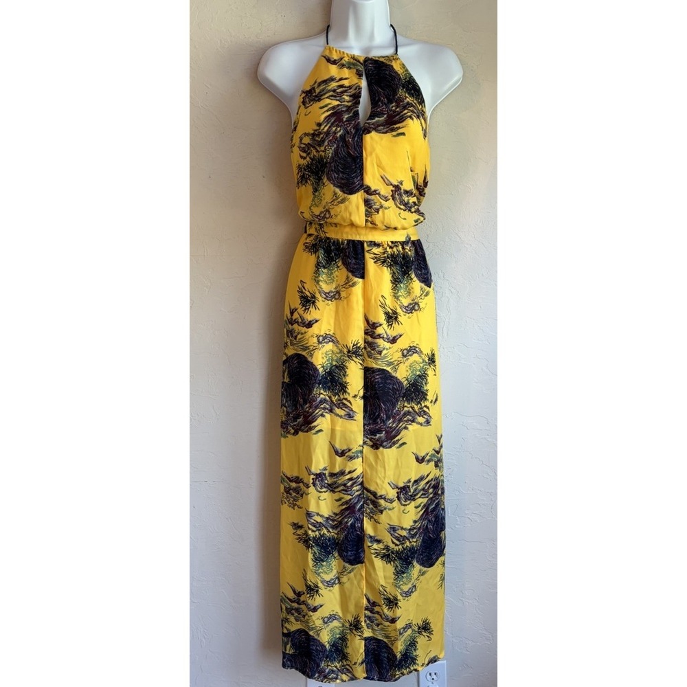 Guess Y2K Tiger Print Halter Maxi Dress M Yellow Resort Glam Maximalist Backless